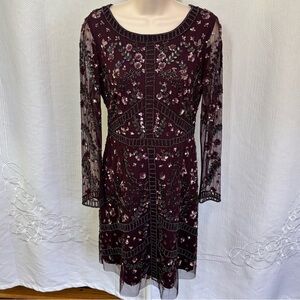 Adrianna Papell Burgundy Beaded Long Sleeve Dress size 4